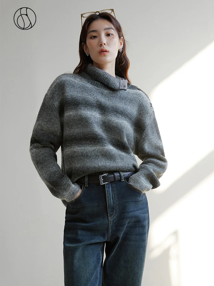 

DUSHU 10.4% Wool Women Turtleneck Sweater Neck Button Design Gradient Gray Loose Pullover Winter New Slightly Wool Sweaters