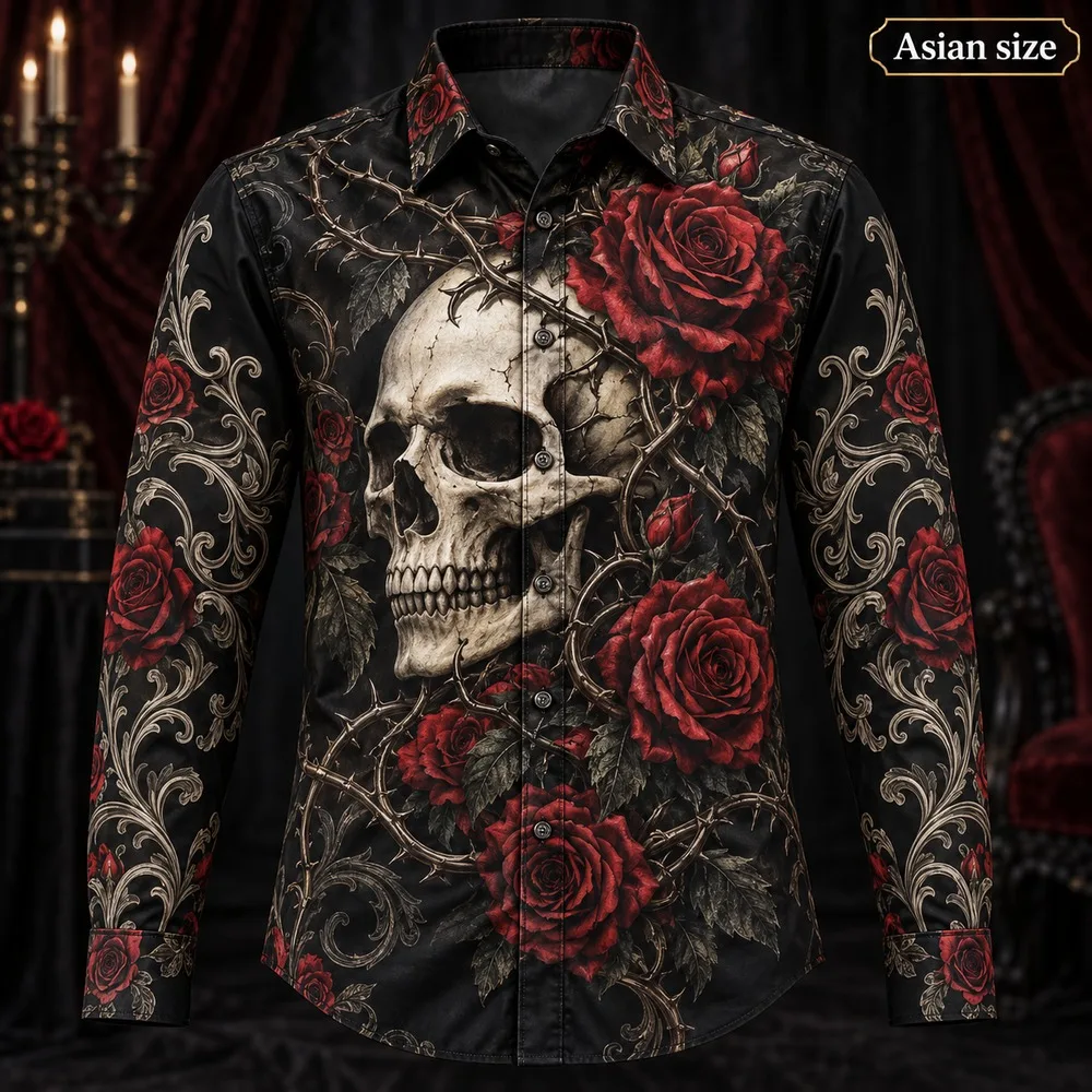 Gothic Skull and Roses Long Sleeve Button Down Shirt for Men 3D Print Polyester Graphic Casual Fashion Party Vintage Top