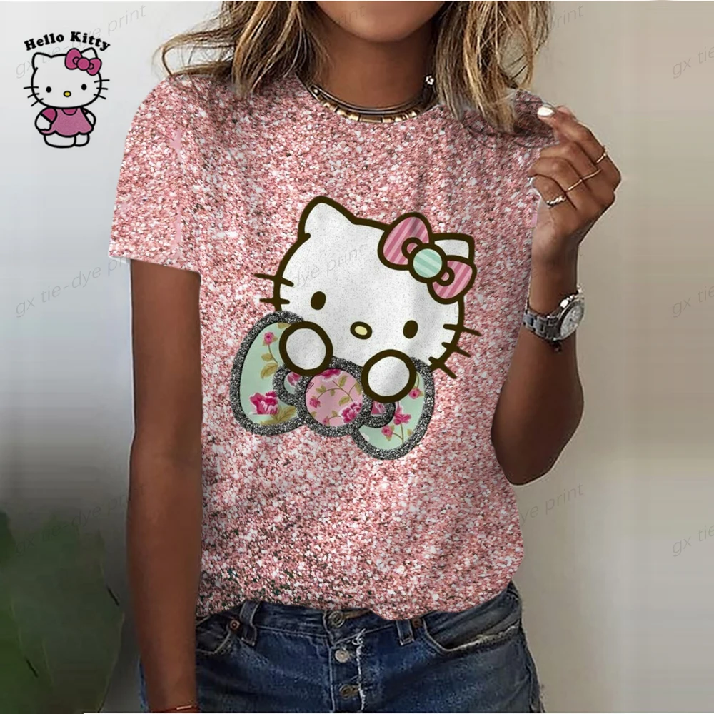 

Футболка женская с принтом Hello Kitty, модный топ с коротким рукавом, Повседневная рубашка с круглым вырезом, одежда для женщин, на лето