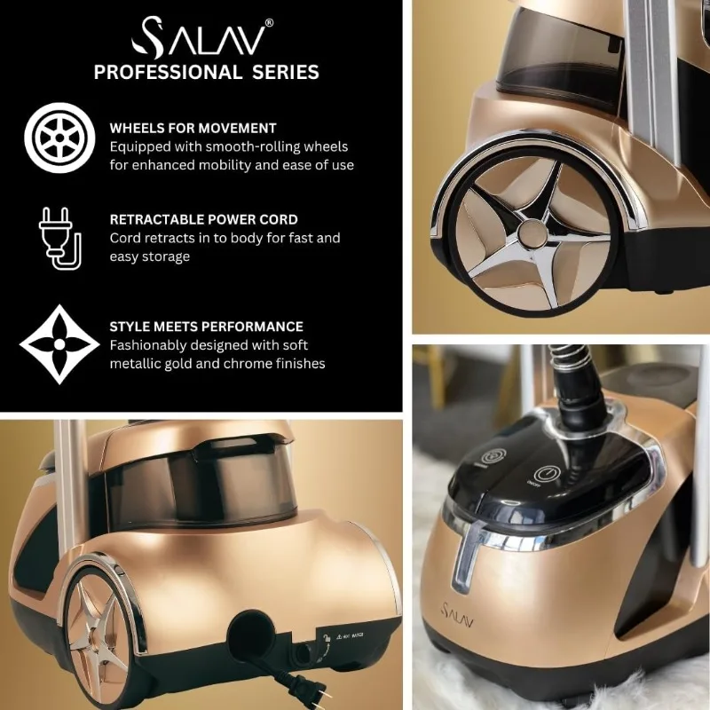 جهاز بخار الملابس المزدوج من سلسلة SALAV Deluxe Professional مع دواسات القدم و3 عبوات إزالة الكالسيفائر، ولوحة من الفولاذ المقاوم للصدأ