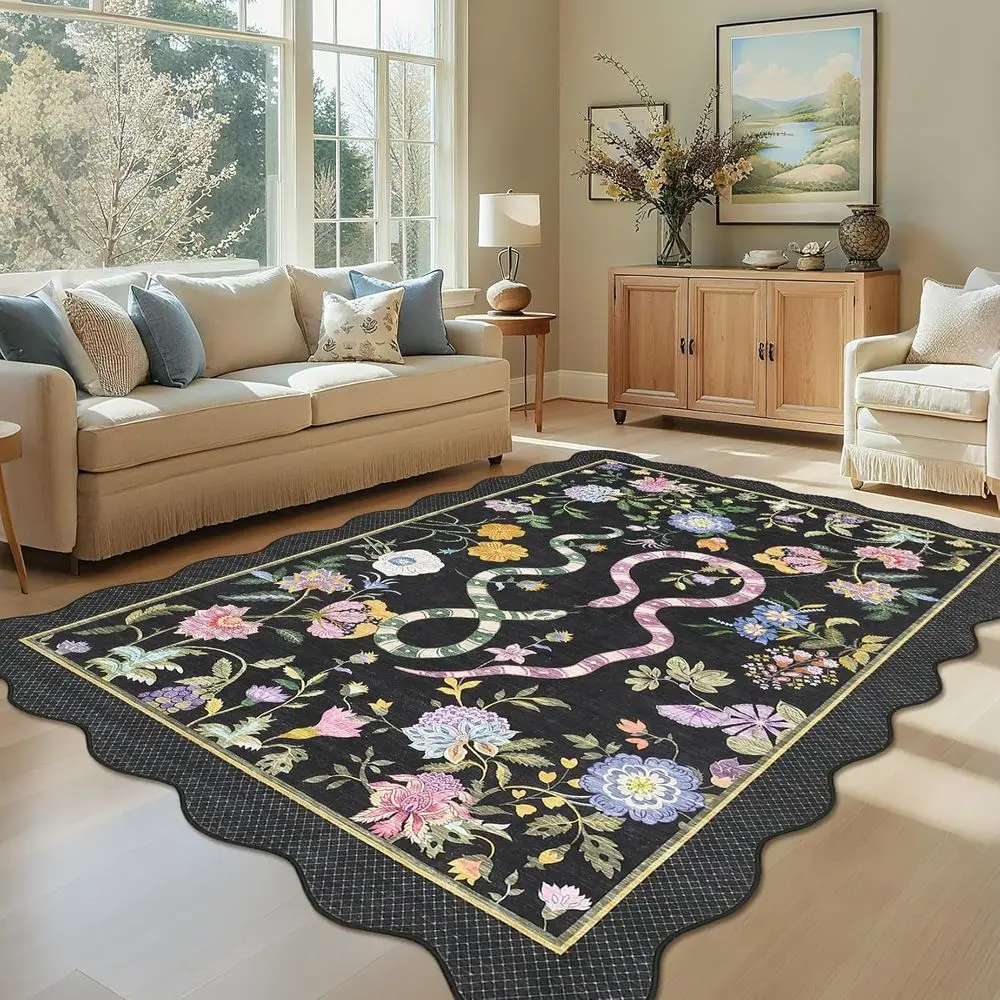 

Modern Scallop-Edged Snake Pattern Black Floral Rug, 9x12, Non-Slip, Low Pile, Suitable for Playroom, Dining, Bedroom, Living Ro