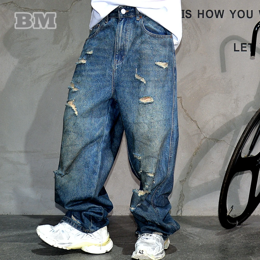

Streetwear Distressed Ripped Jeans Men Loose Straight Fit Stacked Hip Hop Vintage Heavyweight Denim Casual Pants Urban Trendy