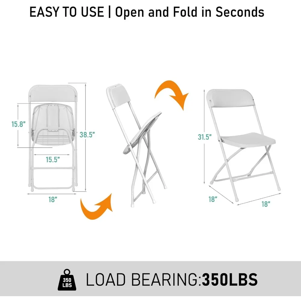 Portable Stackable Plastic Folding Chairs - White, Indoor/Outdoor Use, Steel Frame, 350lb Capacity for Events and Gatherings