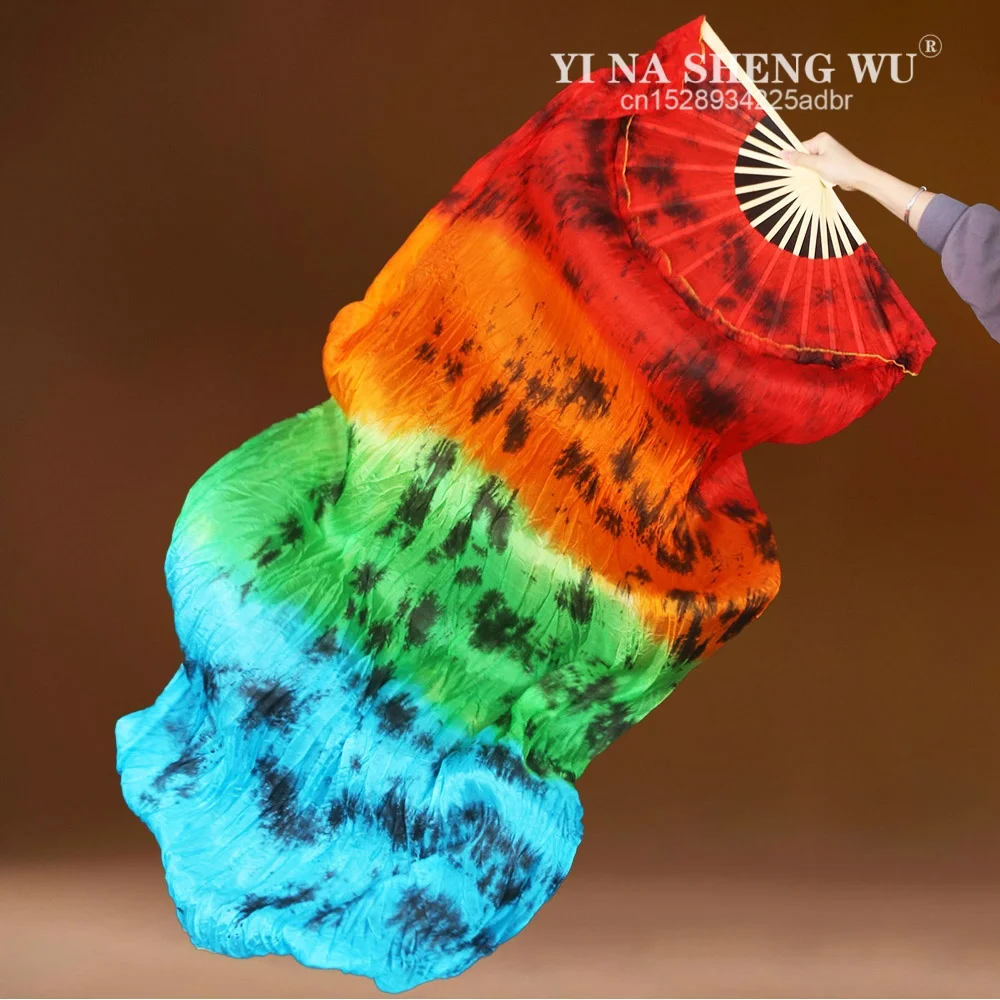 Nieuwe Aangepaste Tie-dye 100% Echte Zijden Sluier Buikdans Fan Paren (1L + 1R) Vrouwen Oosterse Dansshow Props 180 cm Streep Kleur