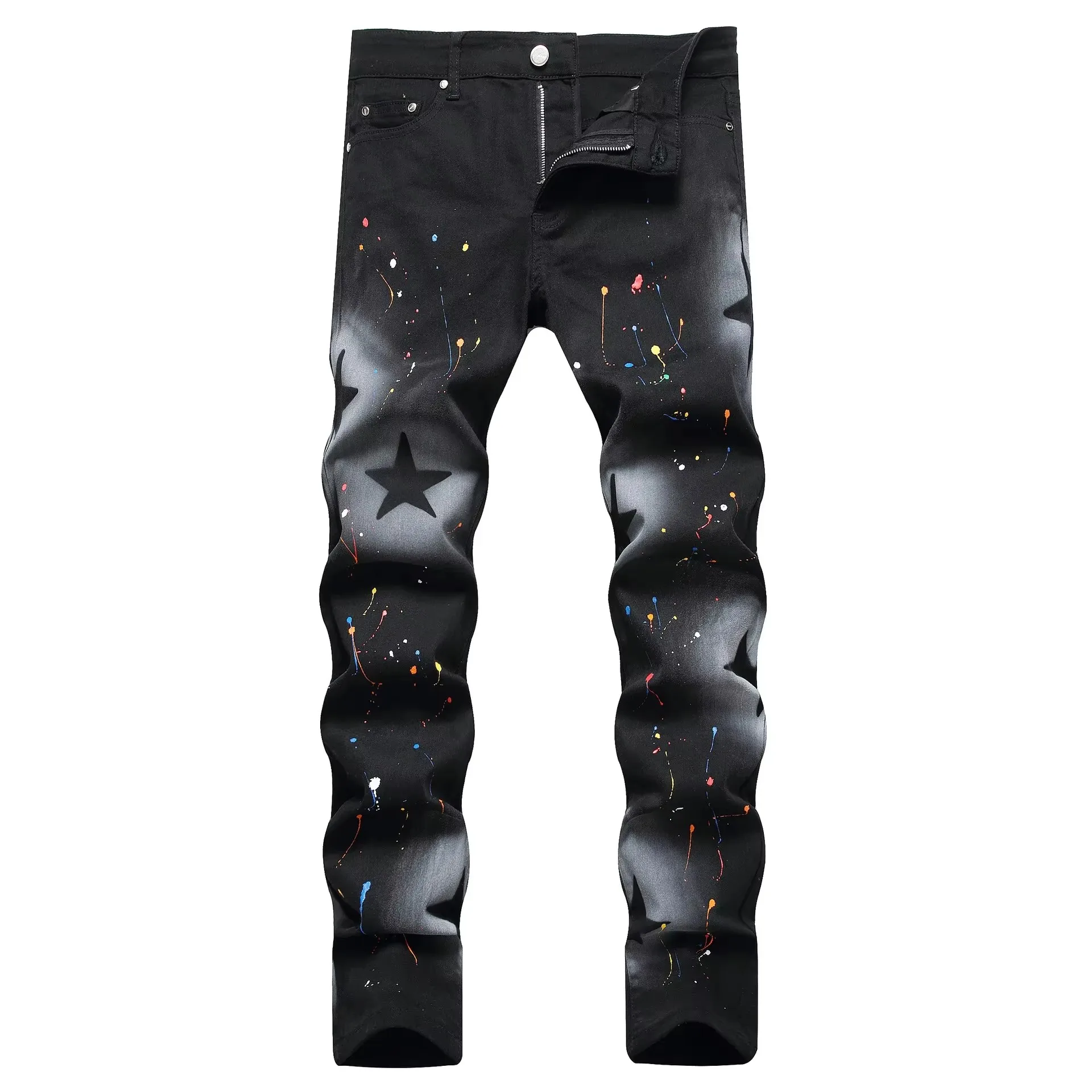 chareiharper plus size 1315 Men's jeans hand painted gun spray five-pointed star color paint stretch black small straight leg