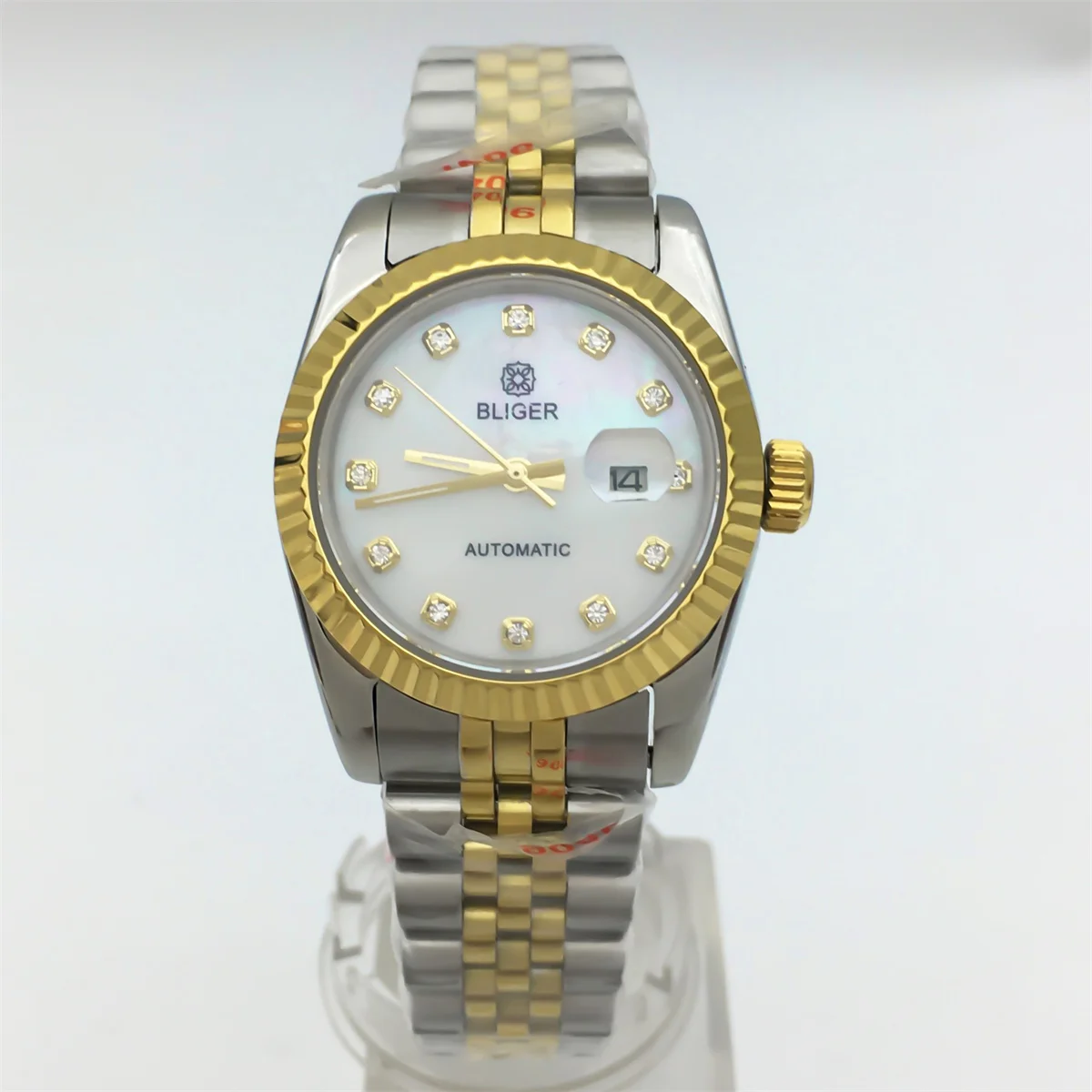 BLIGER 31mm Women's automatic waterproof watch NH05 Two-tone Gold bracelet recessed bezel Sapphire glass Gold white shell dial