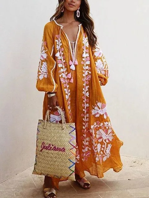 2023 Zomer Nieuwe Mode Retro Print Jurk Voor Vrouwen Casual V-hals Lange Mouwen Trui Losse Jurk Feestelijke Stijl Damesjurk