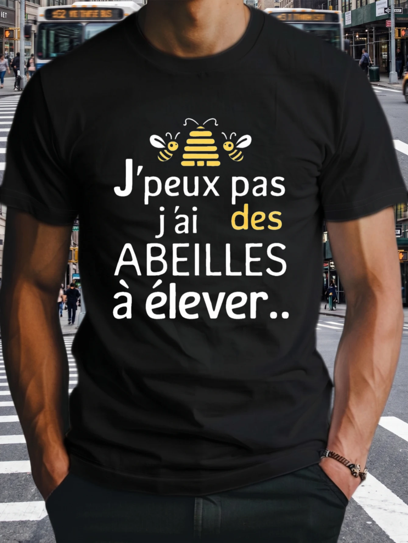 1 pièce T-shirt 100% Coton Unisexe pour Homme et Femme, motif 'Jpeux Pas Jai Des Abeilles A Elever' avec graphique nid d'abeille, col rond, manches courtes, imprimé, grande taille, confortable, décontracté, lavable en machine