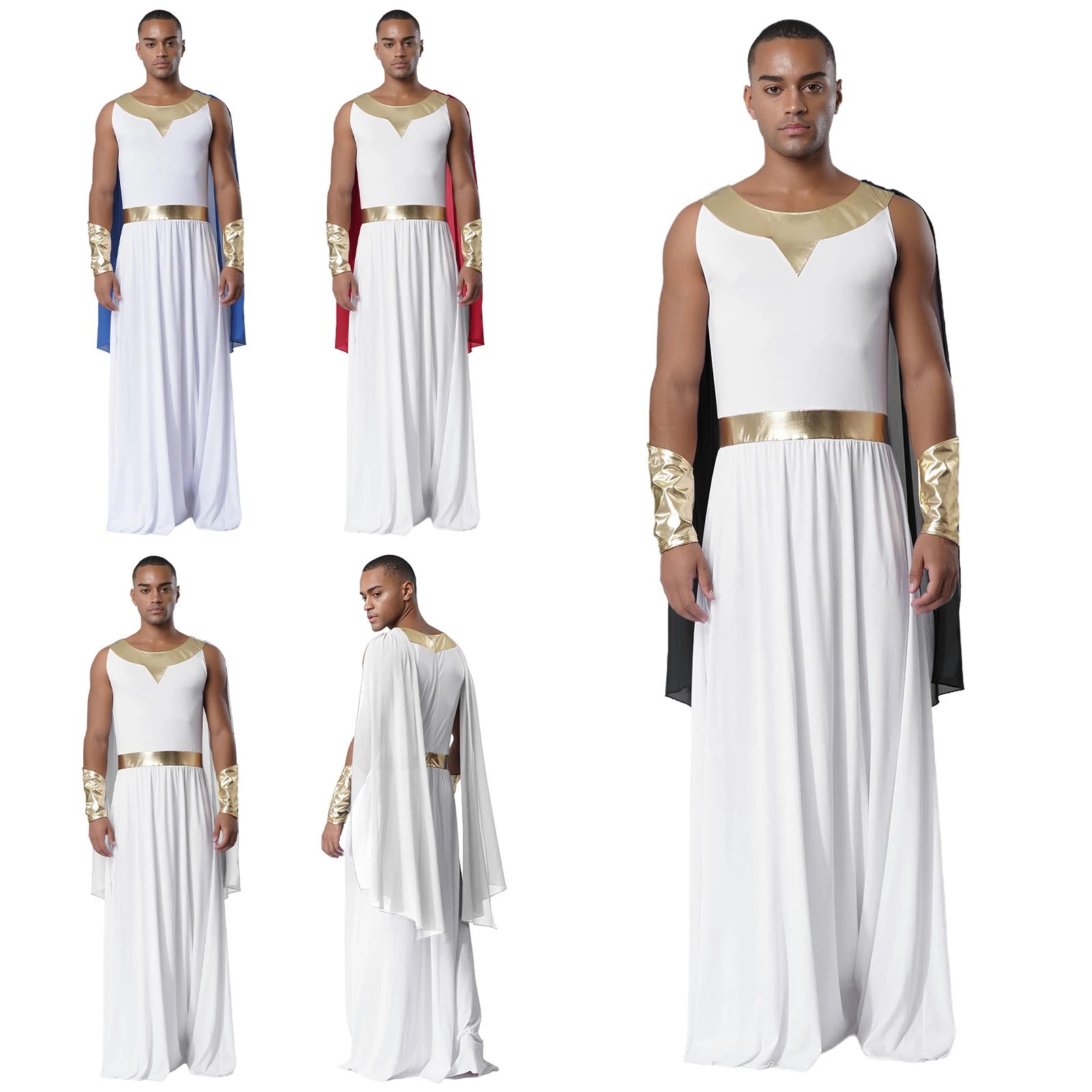 Men Ancient Greek Roman Toga Halloween God Zeus Angel Priest Cosplay Costume Sleeveless Tunic Robe with Cuffs for Theme Party - Image 4