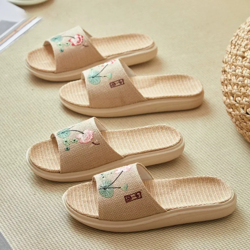 Flax Slippers Women's Open Cotton and Linen Thick-Soled Embroidery Comfortable Deodorant Feet Couple Floor Home Slippers image 5