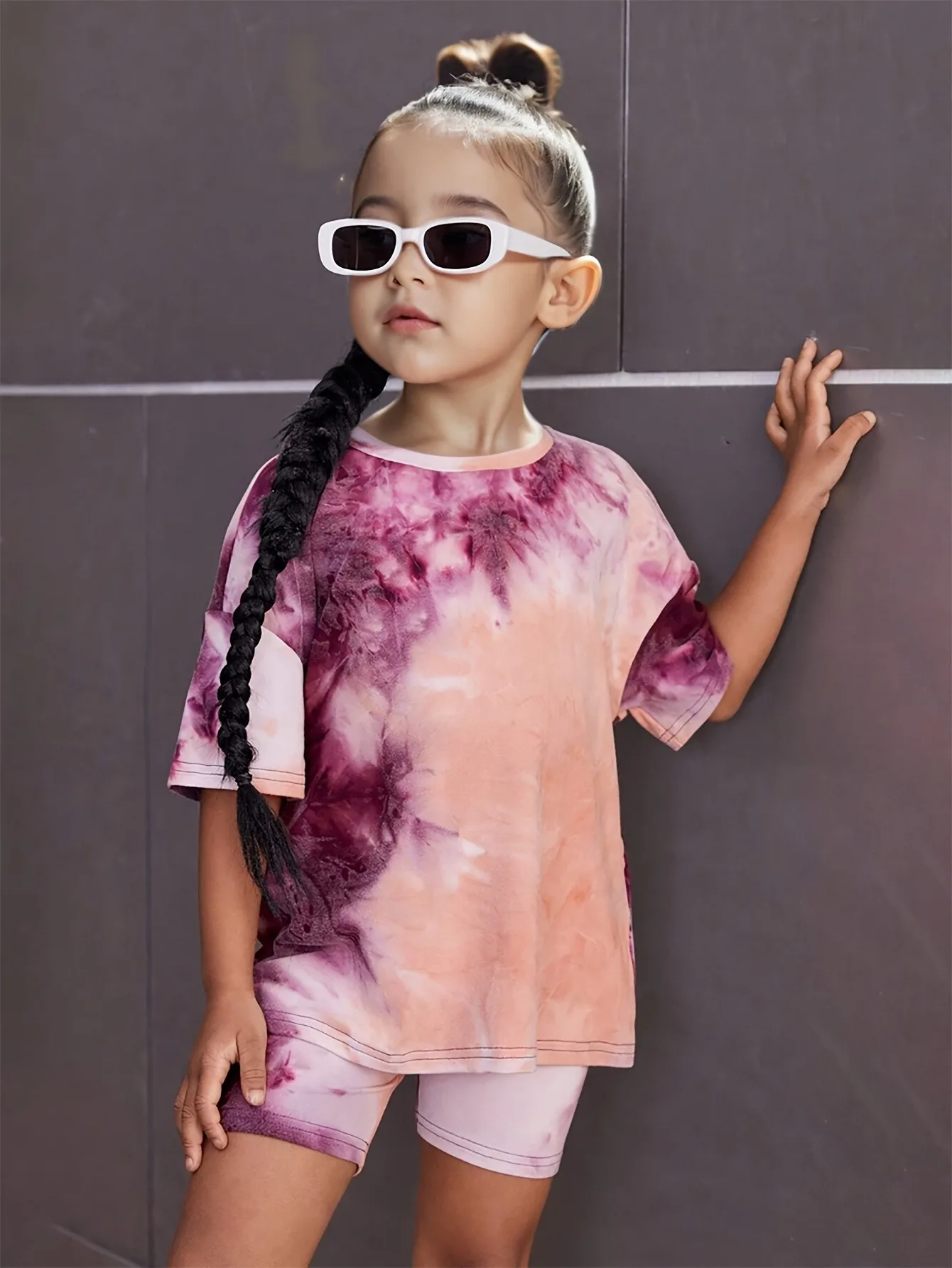 Fashion Girls 2 Pack Tie Dye Shorts Set Soft Short Sleeve Top & Bike Pants Street Style Summer Wear