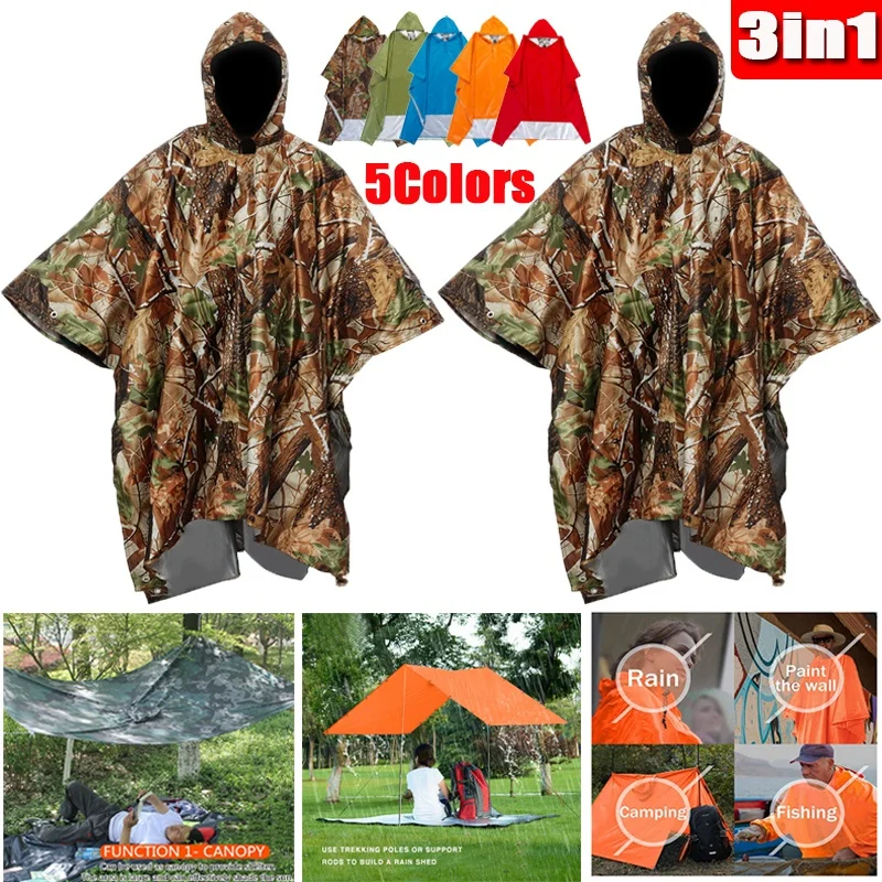 1PCS 3-in-1 Multifunction Travel Waterproof Poncho Outdoors Rain Coat Shelter Camping Mat Backpack Cover Women Men Raincoat