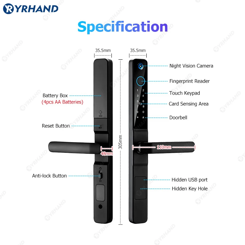 YRHAND IP66 Keyless Cat\'s Eye Waterproof Peephole Outdoor Aluminum Sliding Door Lock Digital Password Tuya Wifi Smart Lock