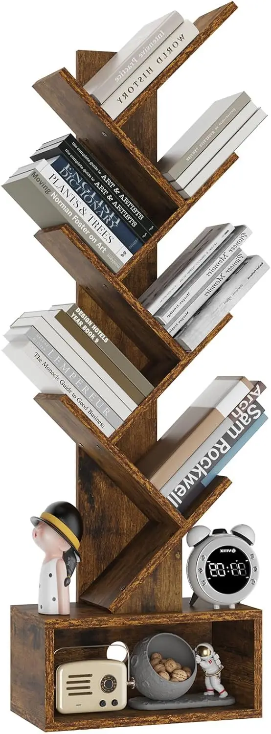 

6 Tier Tree Bookshelf, Tall Bookcase, Wood Book Storage Rack with Drawer, Modern Floor Standing Book Shelf for Books/Mov