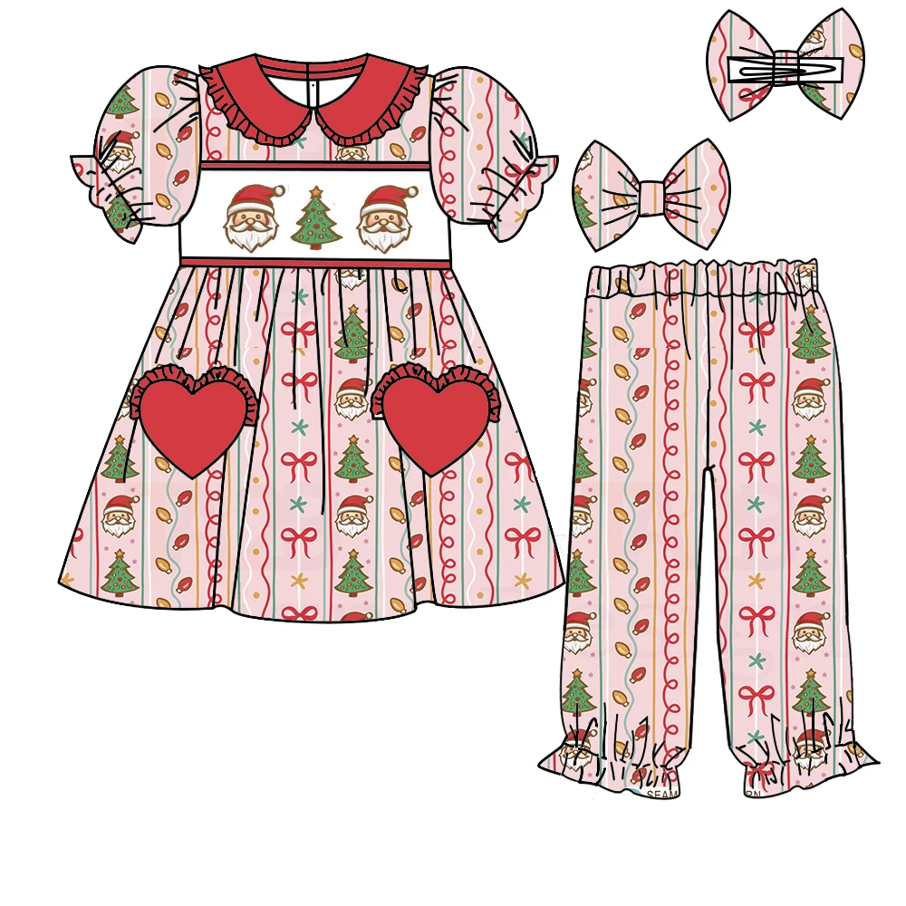 

Boutique children's suit Christmas lapel lace long sleeves tree letter print trousers ruffled Santa Claus girls boys pajamas set