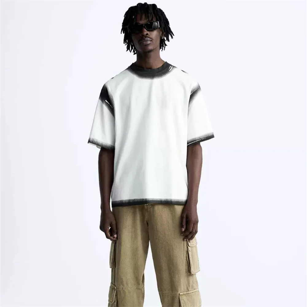 ZA2024-Camiseta de manga corta con estampado de efecto de pulverización para hombre, Camiseta holgada versátil con temperamento, nueva moda de otoño