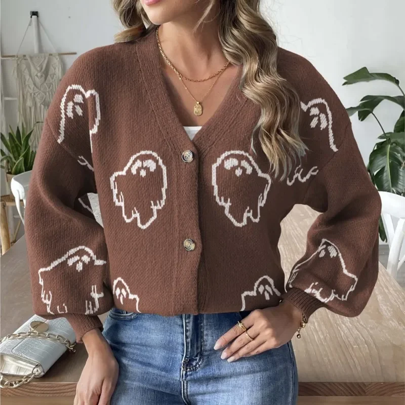 

Женская вязаная куртка на Хэллоуин, осенне-зимняя модная свободная куртка с длинными рукавами и пуговицами с героями мультфильмов, повседневный свитер для поездок на работу, куртка