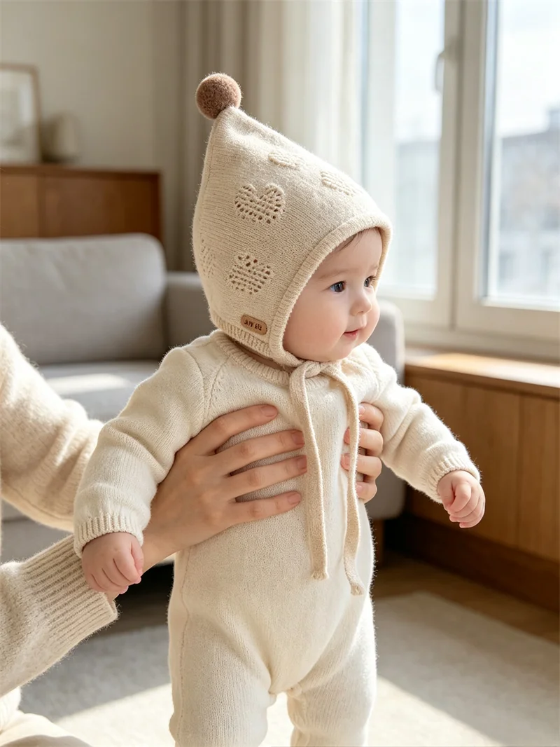 Kleinkind Gestrickte Kappe 46-48 cm Nette Pompom Ball Baby Ohr Schutz Hut Winter Warme Infant Woolen Häkeln motorhaube Kinder Mützen – Detail 14