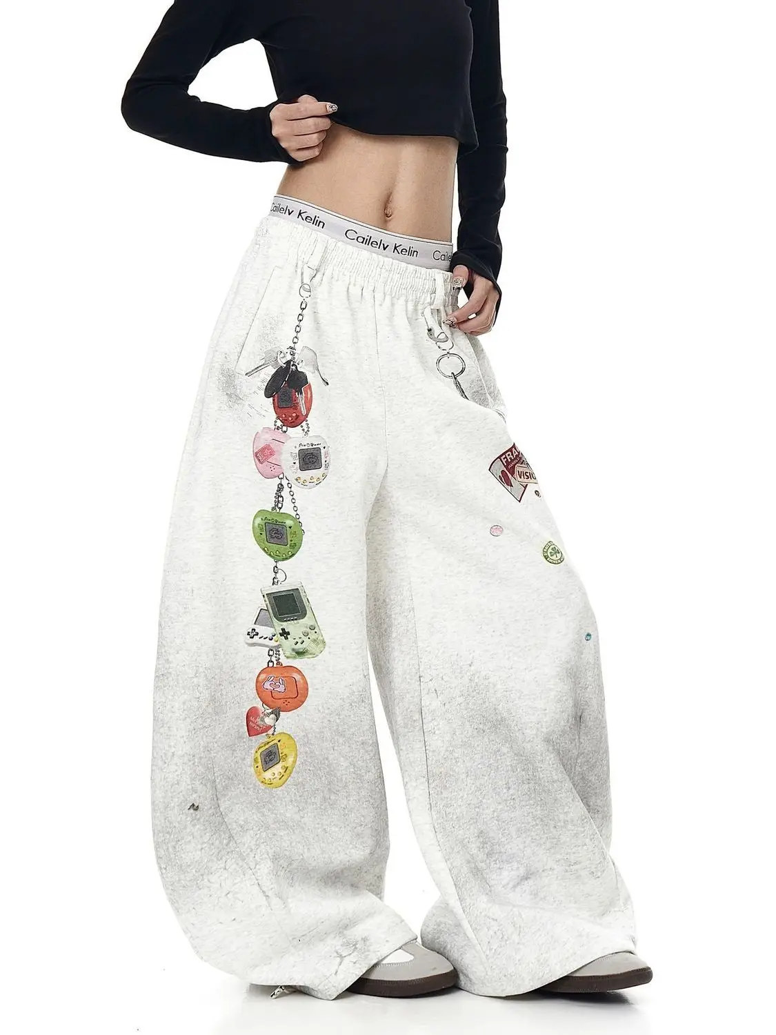 

American street style old graffiti printing scimitar men and women loose straight wide korean fashion pantalones de mujer