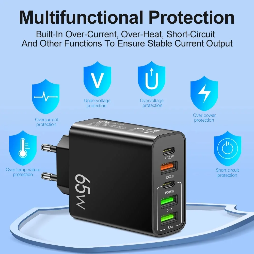 Total 65W USB C Charger Type C PD Mobile Phone Adapter 5 Ports Fast Charging For iPhone Samsung Xiaomi Quick Charge Wall Charger image 3