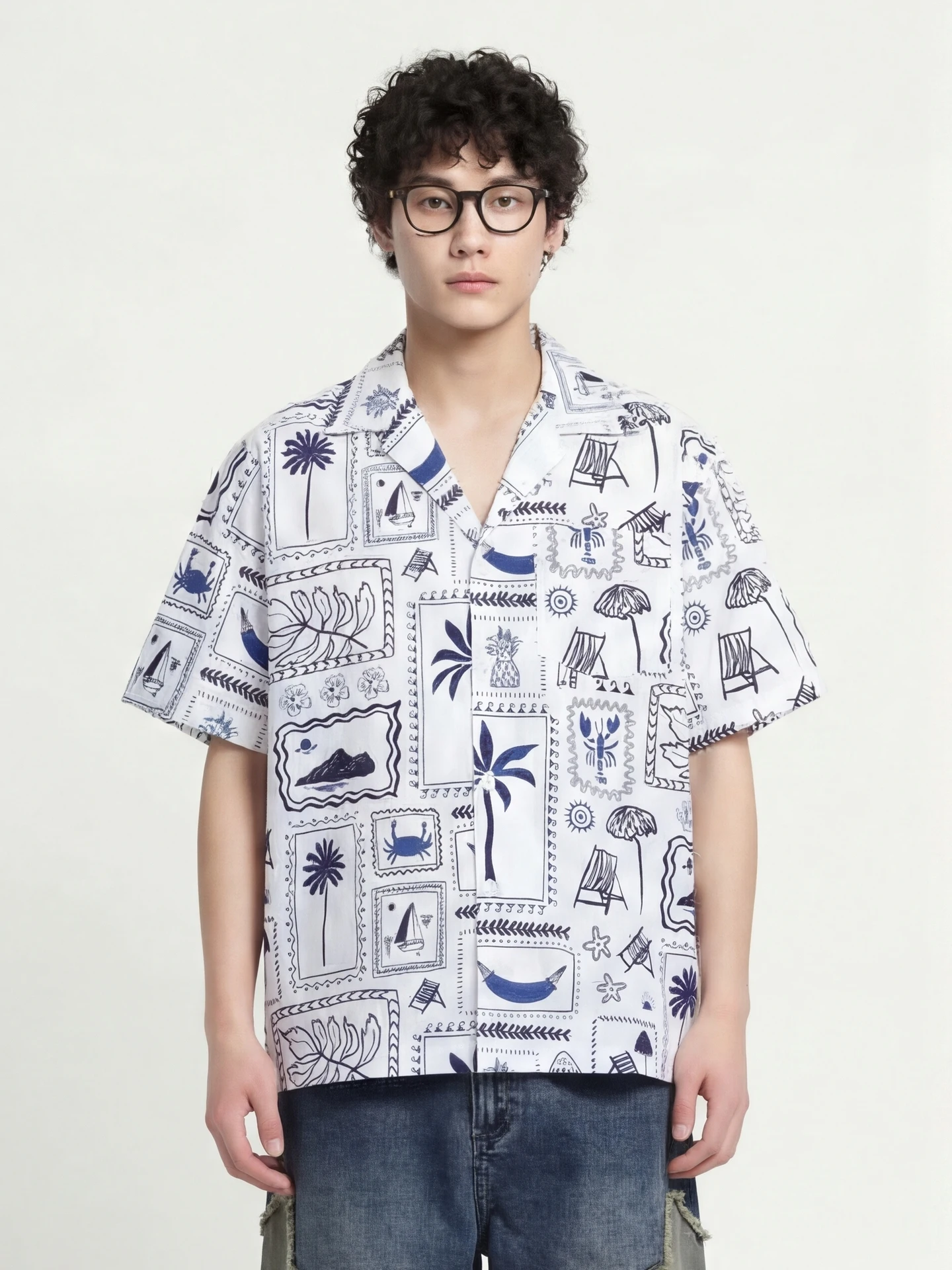 

Свободный повседневный кардиган с кубинским воротником и ретро-принтом из дышащего полиэстера для молодежи на лето