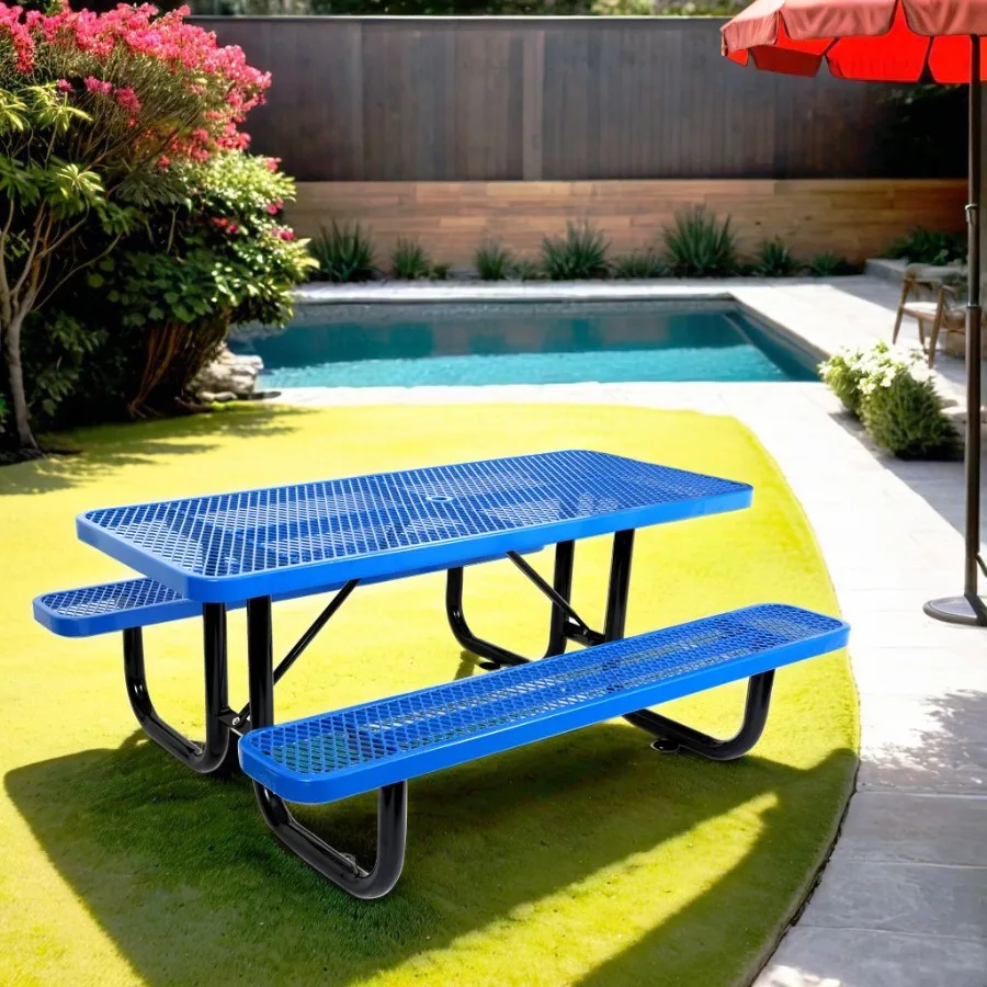 

6 ft. Rectangular Outdoor Steel Picnic Table with umbrella pole in Blue for backyard and patio use, durable powder-coated finis