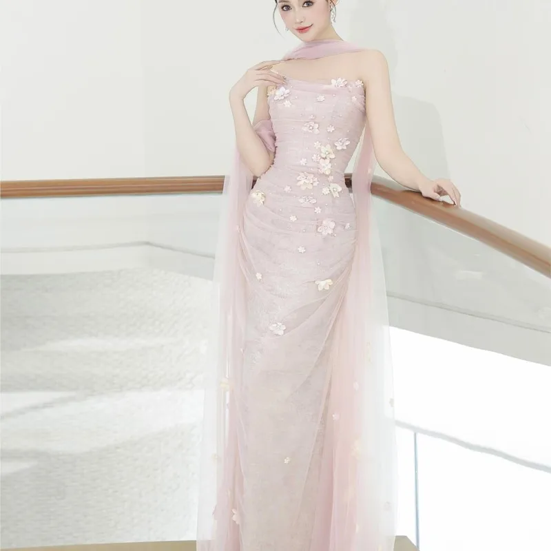 New Chinese morning gown pink breast top sweet toasting dress