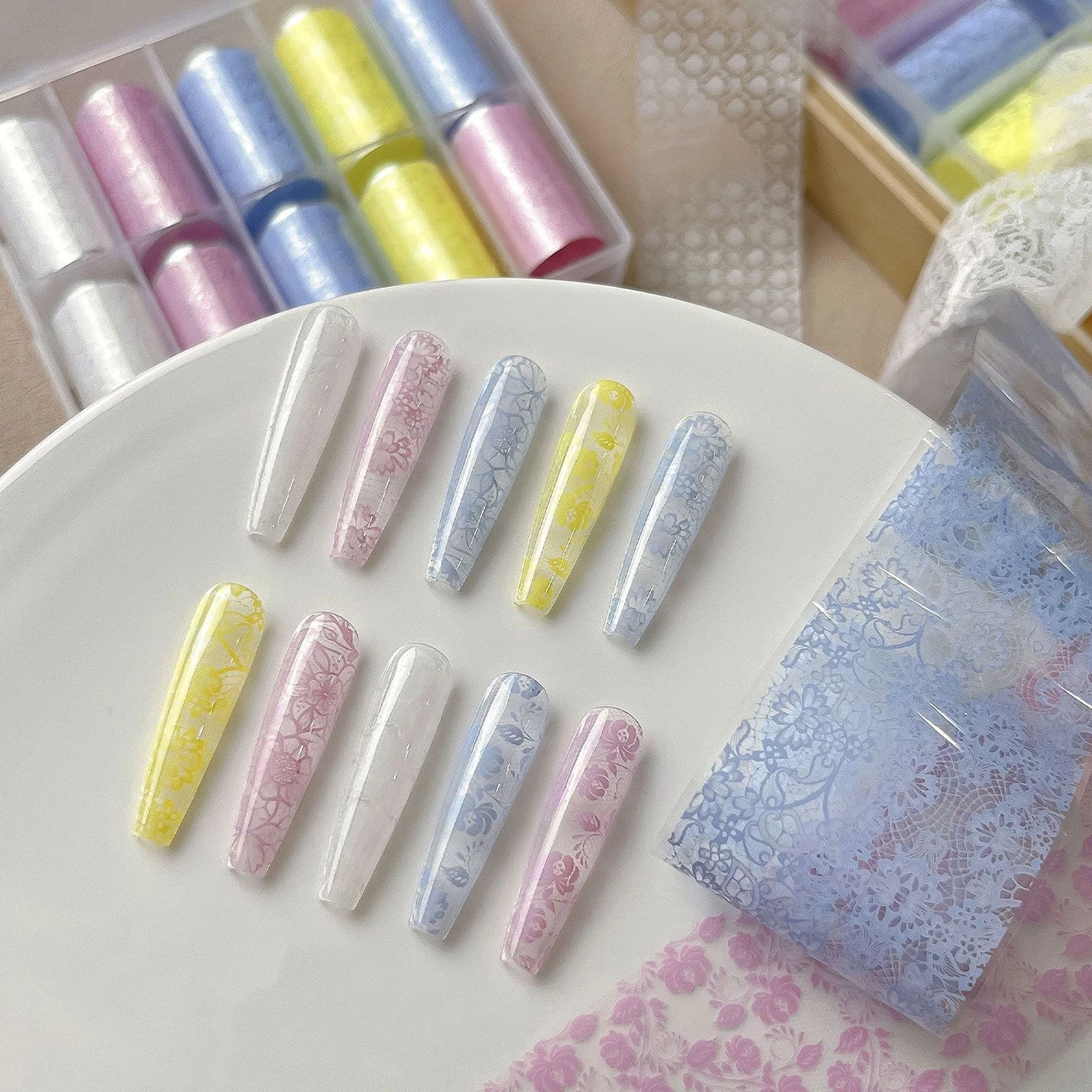 10 Rolls Macaron Pastel Lace Nail Transfer Foil Romantic Floral Lace Pattern Nail Art Stickers for DIY Manicure Nail Art Supplie