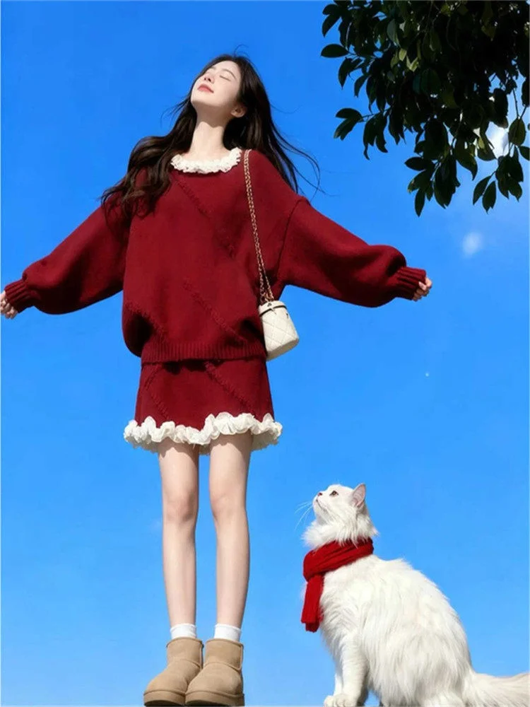 

Stunning Red Lace Trimmed Two-Piece Set Women's Faionable Top And Midi Skirt Winter Collection Beautiful f-length Skirt