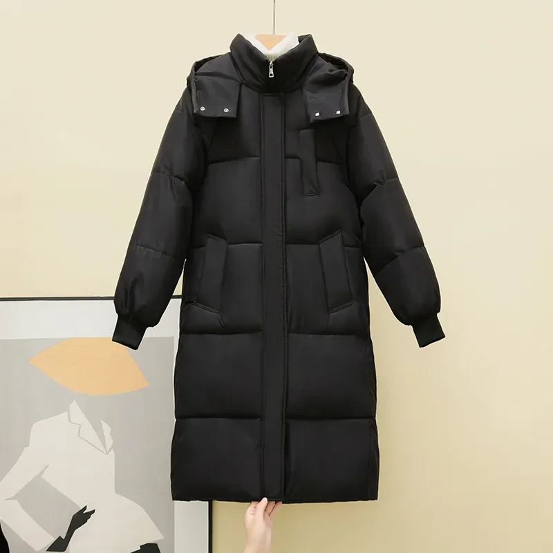 Women Clothing Parkas Loose Long Padded Jacket Winter Black Hooded Thick Down Cotton below the knees Coat