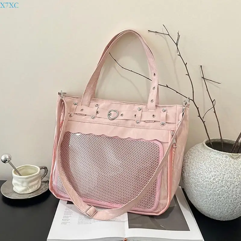 

X7XC Trendy Goth Girl Transparent Handbag PU Shoulder Bag For Parties And Streetwear