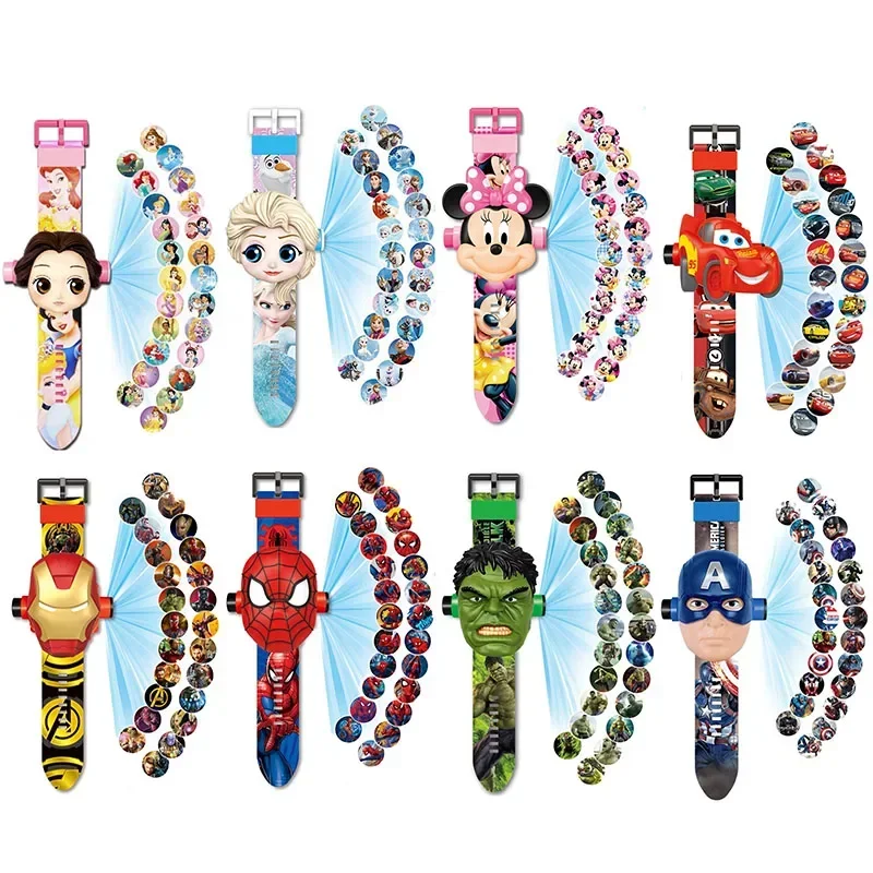 

Disney Mickey Mouse Frozen Elsa Princess Marvel Spiderman Ironman Projection Watch Electronic Figure Toy for Children