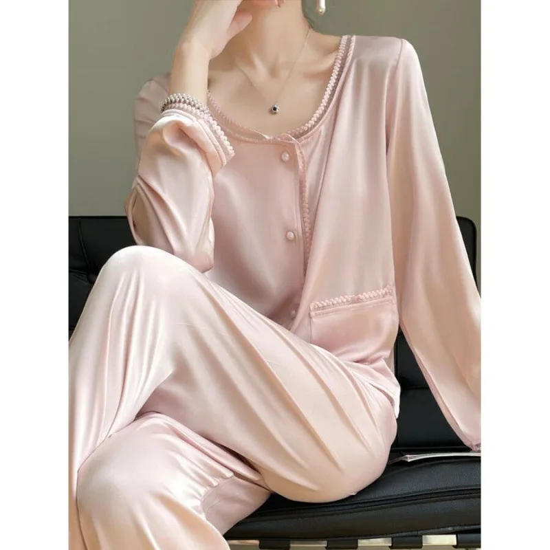 High End French Round Neck Pajamas For Women With Long Sleeves, Sweet Spring And Autumn Home Wear, Summer Pink Court Ice Silk Tw