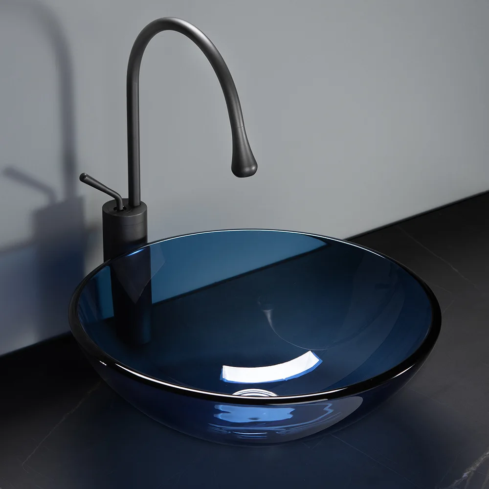 

Blue Glass Bathroom Sink Steel Tempered Glass Countertop Basin Artistic Sanitary Ware Washbasin for Bathroom Decor