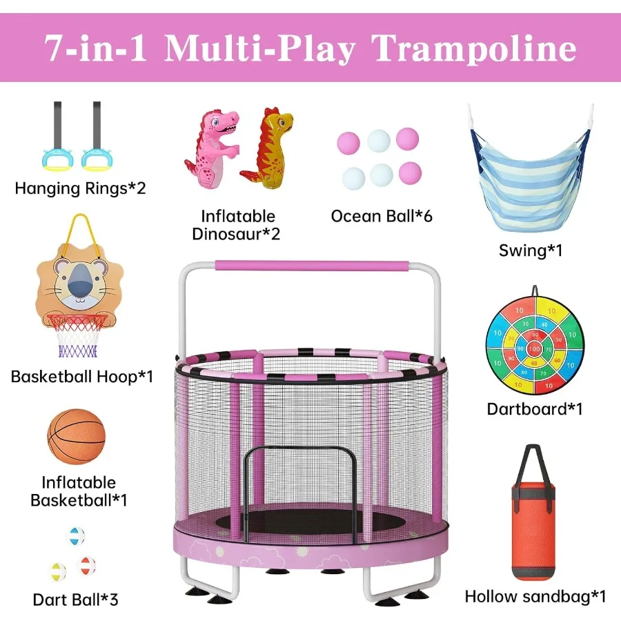 Trampolina okrągła 55 cali 7-w-1 dla dzieci w wieku 1-8 lat, do użytku wewnątrz i na zewnątrz, z regulowaną wysokością, poręczą, zamkniętą siatką ochronną, wytrzymała stalowa konstrukcja.