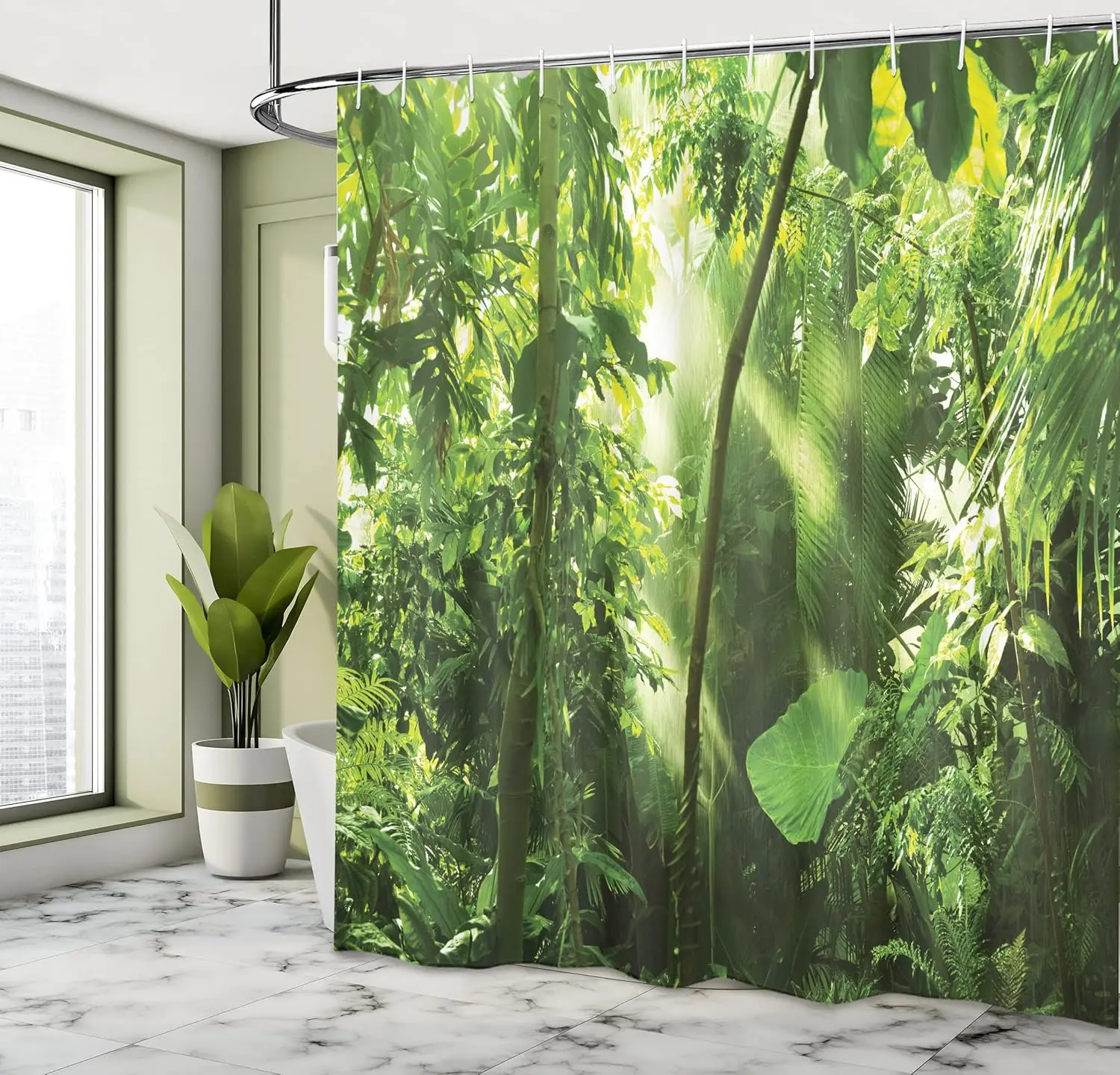 

Занавеска для душа с изображением тропических джунглей и крючками – Декор для ванной комнаты в стиле летнего мусонного леса с экзотическими деревьями и большими листьями