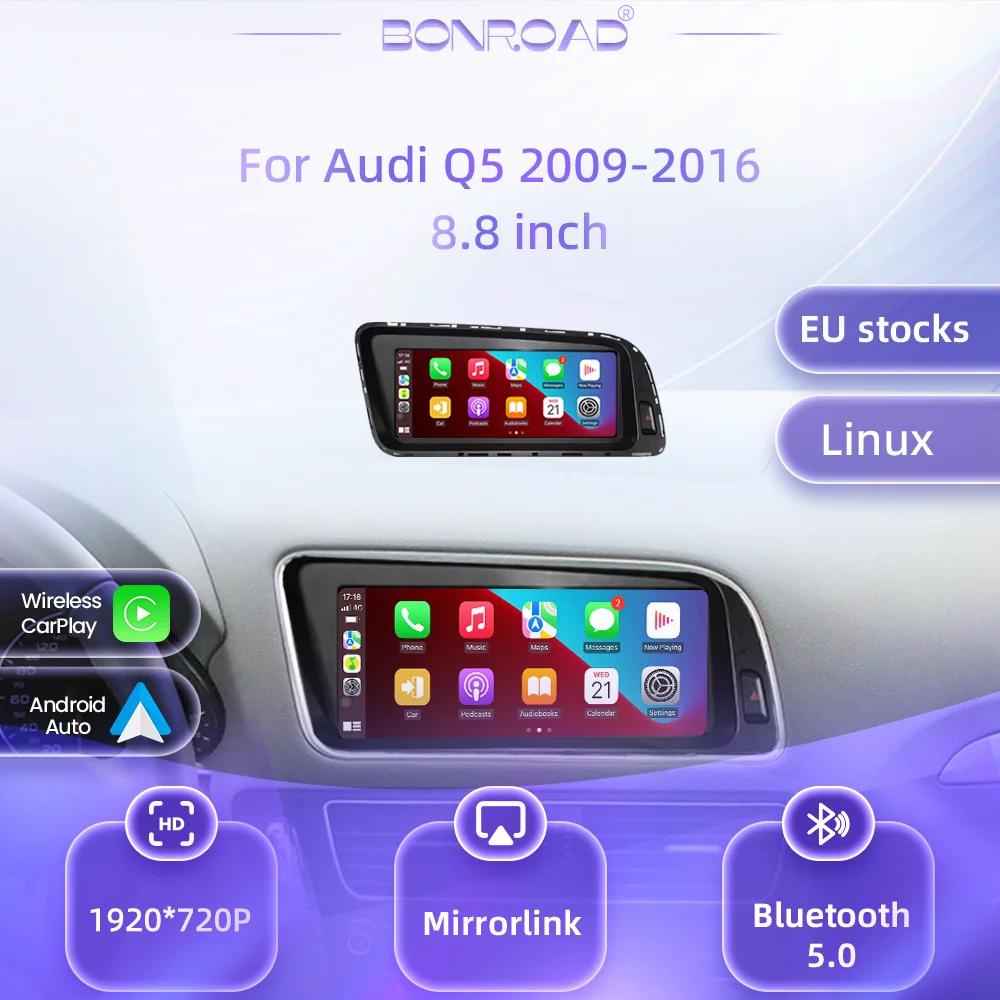 BONROAD Schermo Touch Multimediale Linux da 8,8" per Audi Q5 2009-2016 con Apple CarPlay Wireless, Android Auto, Airplay, Radio Auto, GPS, Display, Stereo, Mirrorlink, Airplay, Autolink
