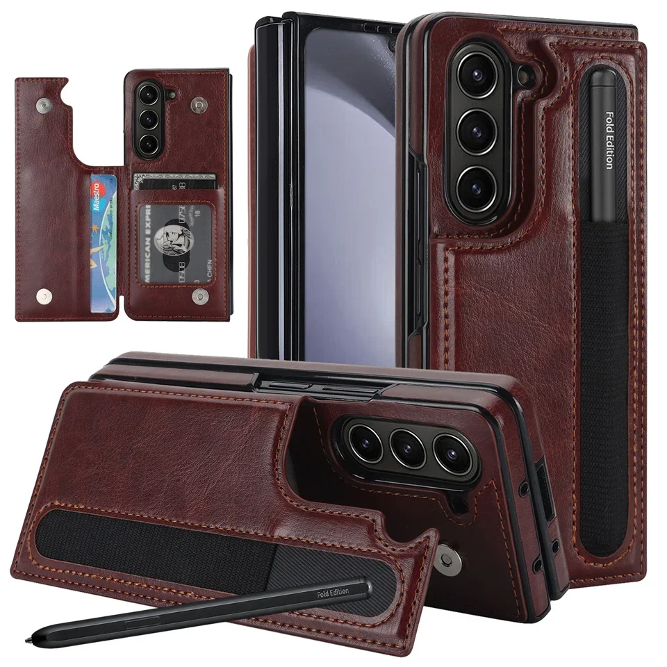 

Business Credit Card Holder Pen Slot PU Leather Case For Samsung Galaxy Z Fold 6 5 4 3 Magnetic Wallet Protective Cover Coque