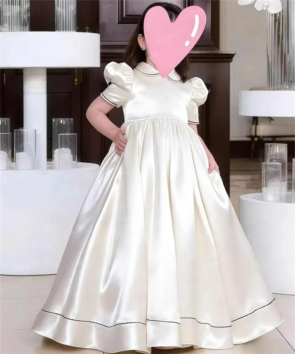 

Luxury Satin Ivory White Puff Sleeves Flower Girl Wedding Dress Ceremony Banquet Birthday Party Dress Kids First Communion Gown