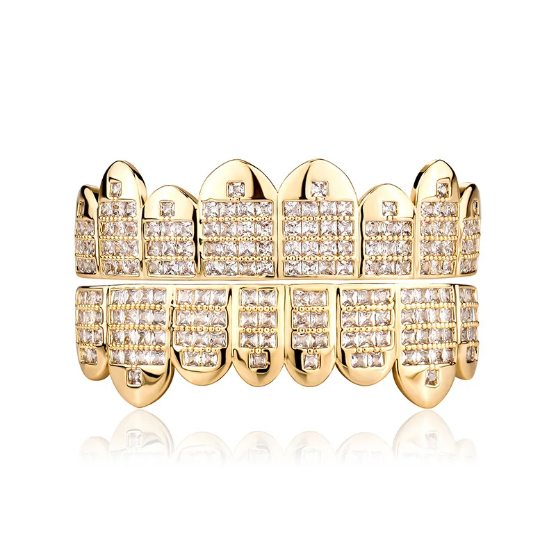 Hip Hop Cubic Zirconia Paved Bling Iced Out Flat Teeth Grillz Top Bottom Dental Grills Men Rapper Jewelry Gold Silver Color