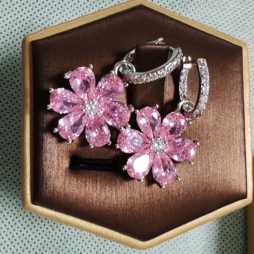 Roze Bloem Mousserende Zirkoon S925 Sterling Zilveren Oorbellen Voor Vrouwen Vintage Sieraden Bruiloft Verloving Oorringen Geschenken