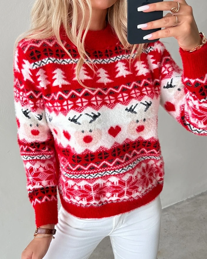 Christmas Women's Knitwears Sweater Casual Pullover Autumn WinterRound Neck Christmas Trees Heart Pattern Knit Sweater Top