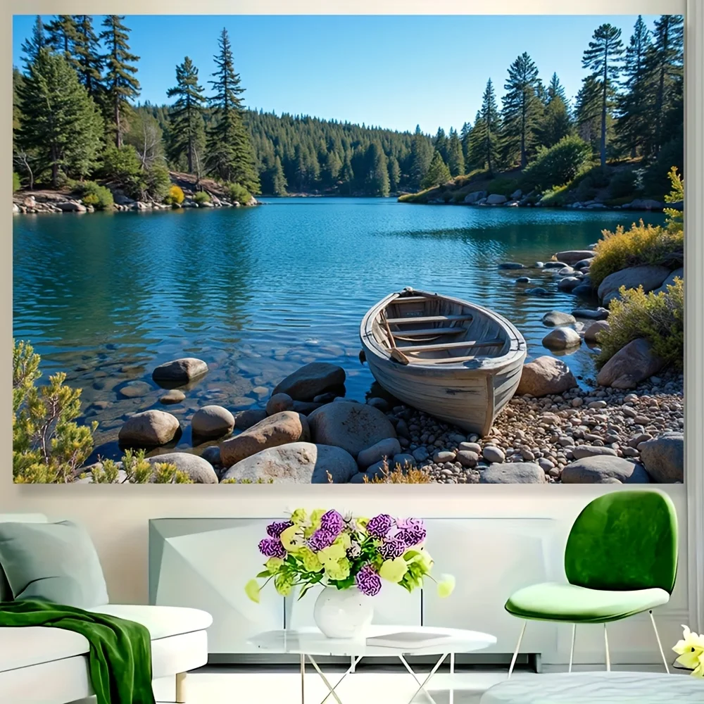 1 Piece Polyester Forest Lake Canoe Tapestry - Tranquil Outdoor Scene Wall Hanging for Living Room, Bedroom or Party Decor