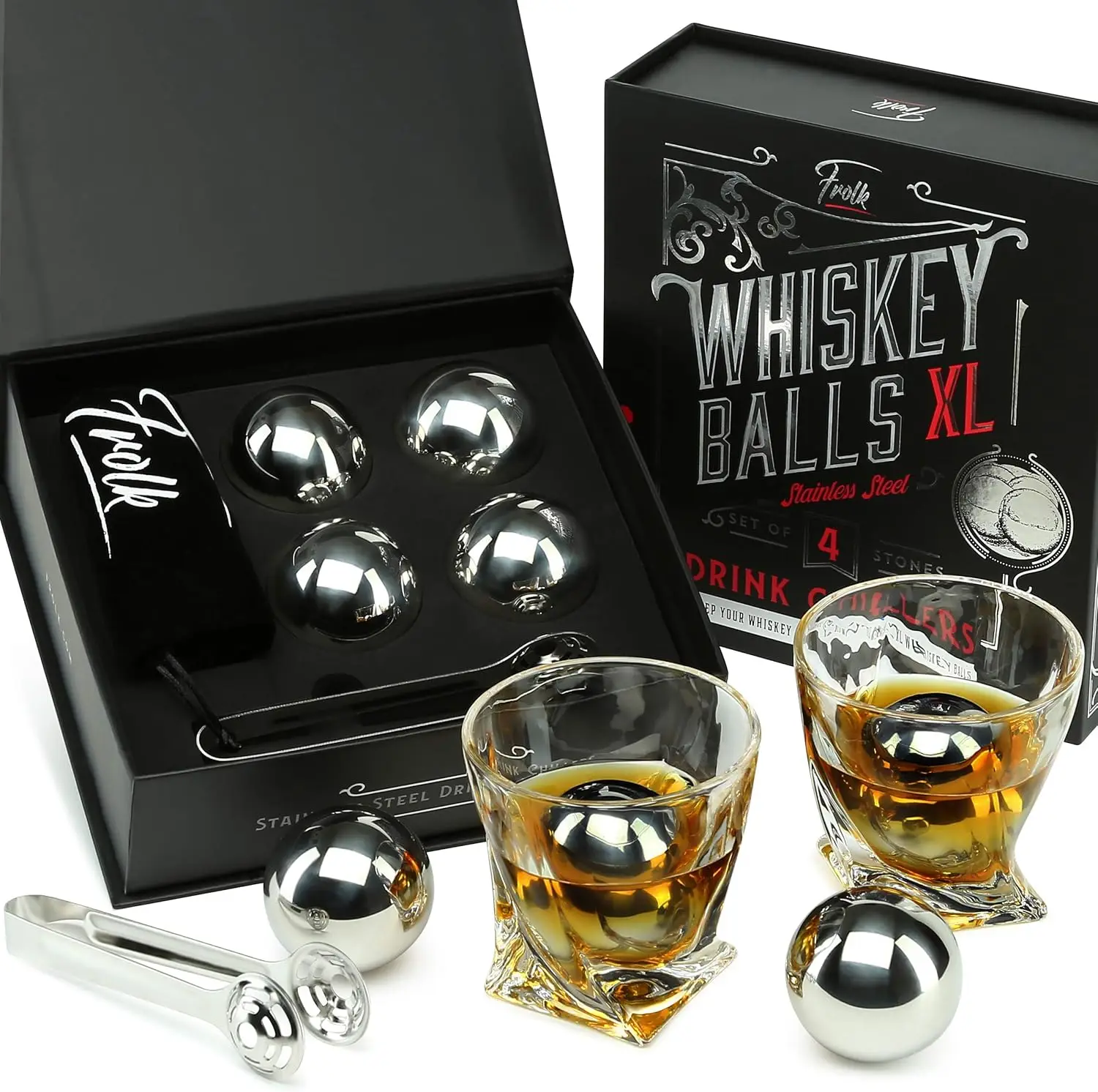 

Whiskey Ice Balls Set for Him with 4 XL Stainless Steel Stones, Tongs & Freezer Pouch in Gift Box