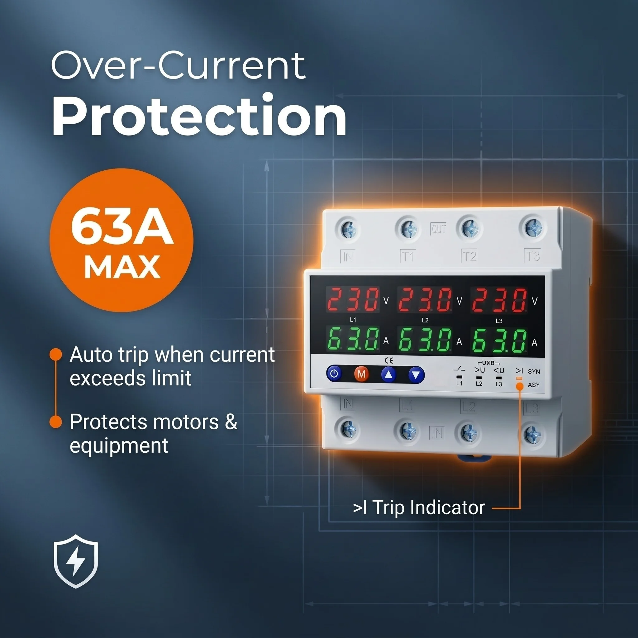 Smart Three Phase AC 63A 50/60Hz Power Protector Digital Display Real-Time Monitoring Adjustable Protector PC CE Certified