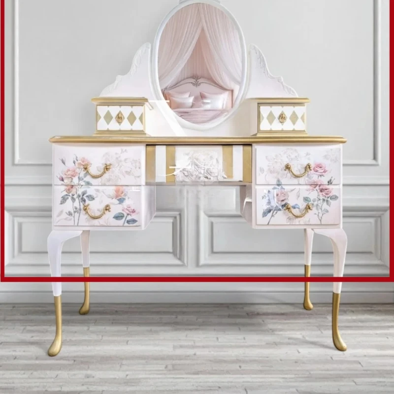 

French Solid Wood Hand-painted Dressing Table American Modern Bedroom Pastoral Painted Dressing Table
