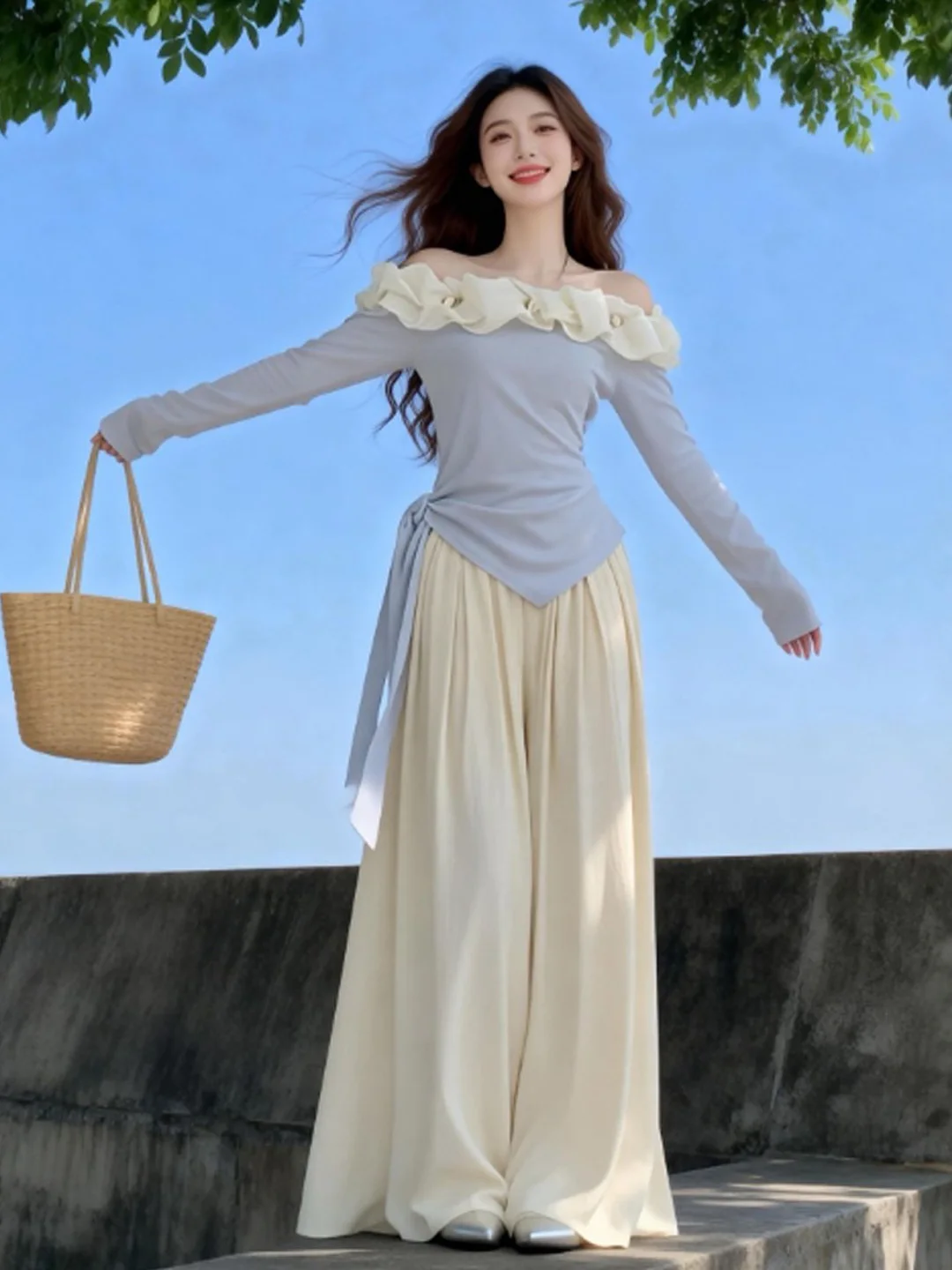 

Уникальный комплект из двух предметов с открытыми плечами: повседневные брюки, мягкие и удобные, весенняя мода для молодых женщин, наряды для свиданий.