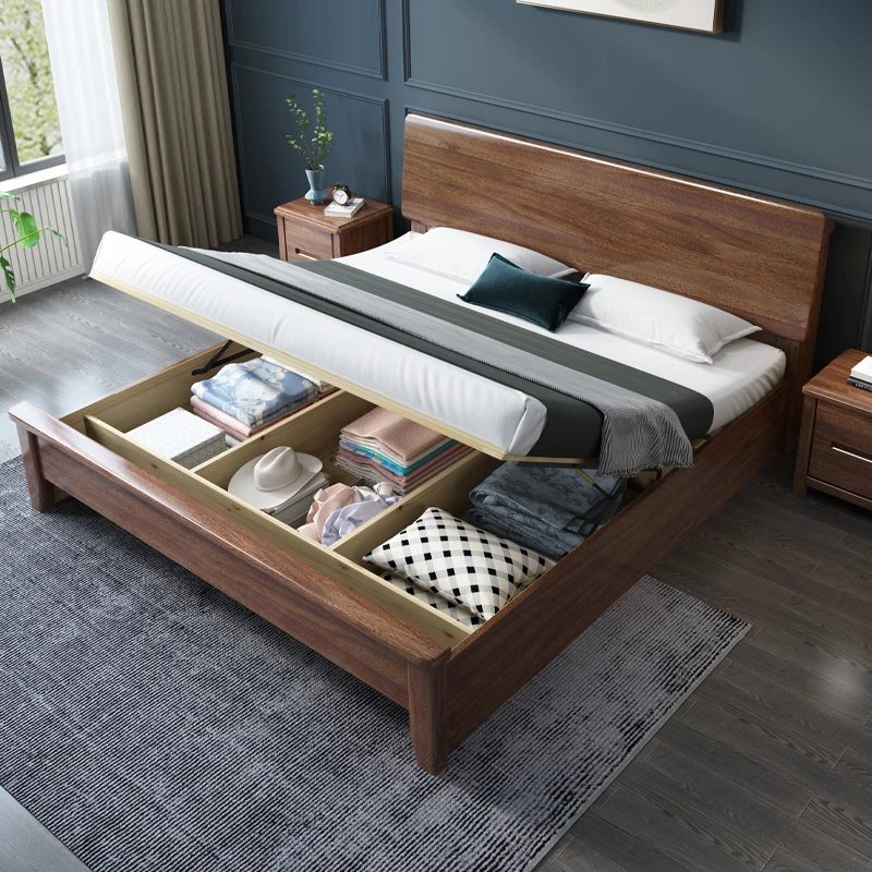 Walnut wood Nordic solid wood bed 1.8m 1.5m modern simple single and double master bedroom small unit high box bed wedding bed