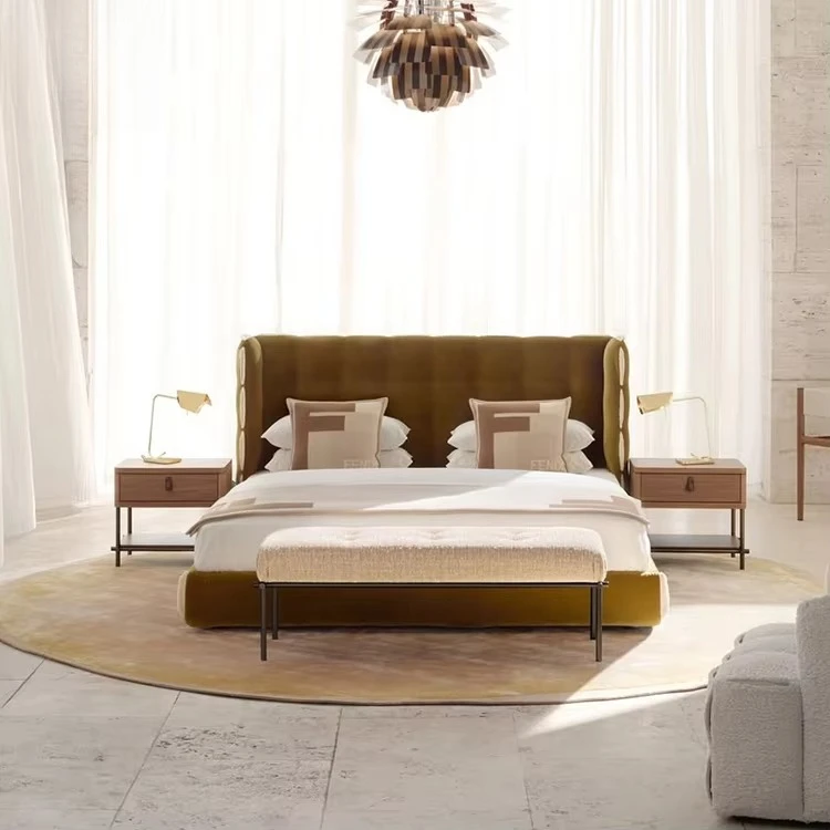 yp-Modern Luxurious Waffle Bed Atmosphere Master Bedroom Frame New Heights of Comfort High End Fabric Double King Size Beds-