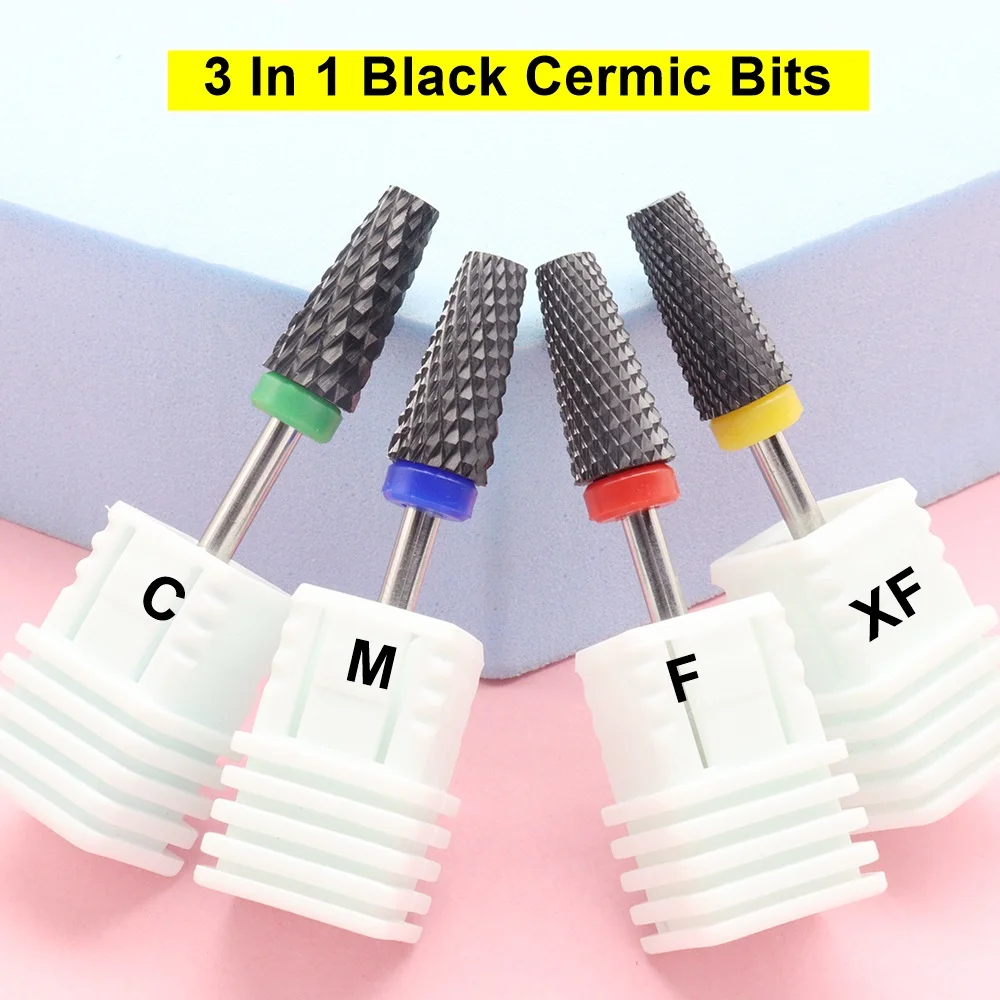 1PC 3-in-1 Black Ceramic Nail Drill Bit for Safely Removing Acrylic & Hard Gel with Low Allergenicity Features, Manicure Tool